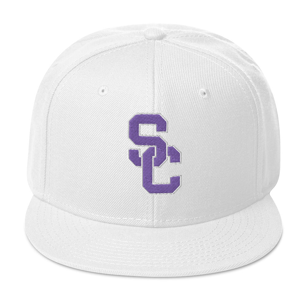 SC White with Purple Lettering Snapback Hat