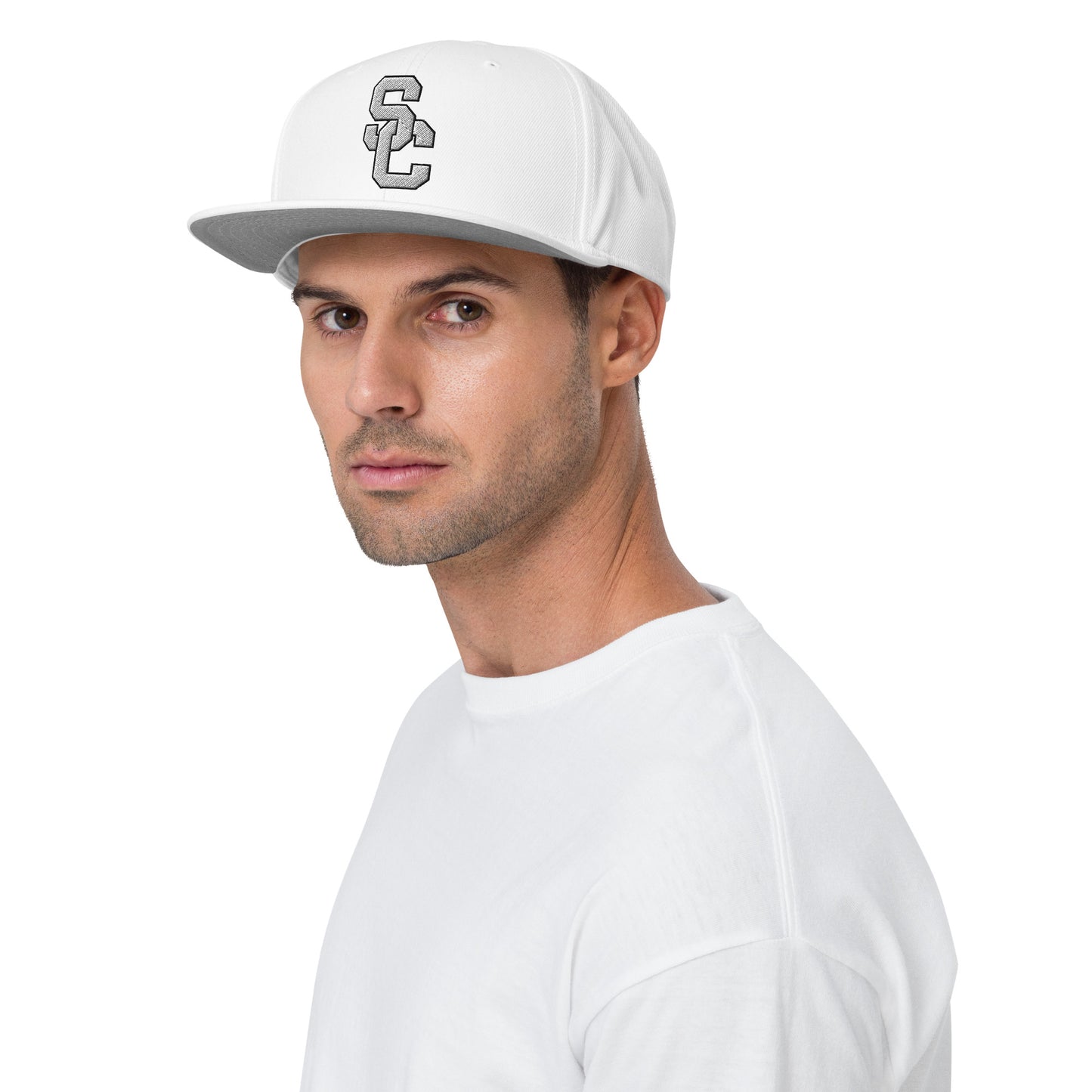 SC White with White Lettering Snapback Hat